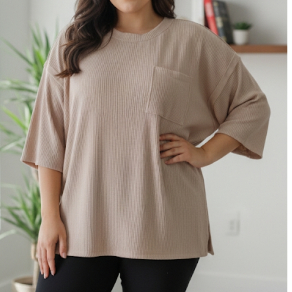 Soft Ribbed Oversized Tunic Women's 1X Beige Drop Sleeve Comfy & Stretchy